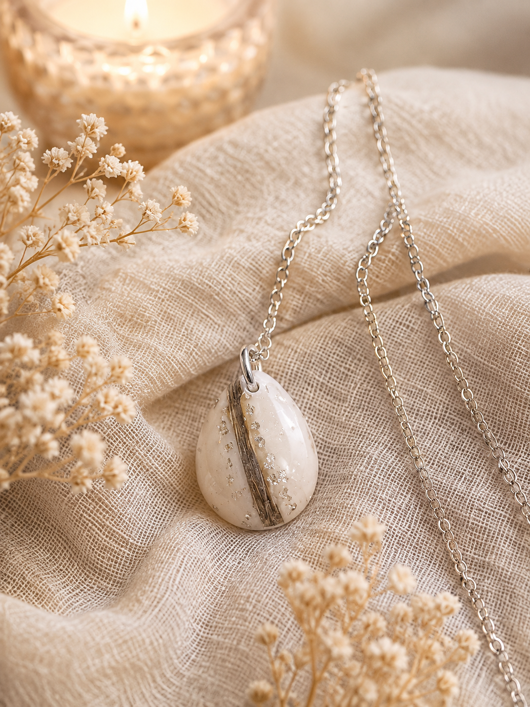 Collier souvenir pendentif goutte en résine UV avec chaîne argentée en acier inoxydable