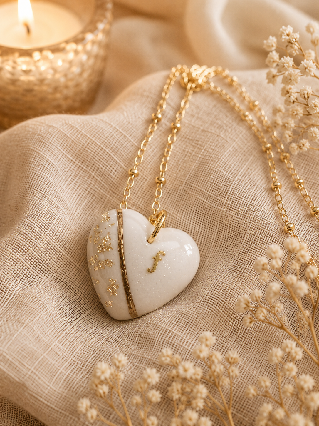 Collier souvenir pendentif cœur en résine UV avec chaîne dorée en acier inoxydable