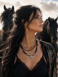 Collier en Crins de Cheval Double Rang avec Pendentif Tête de Taureau