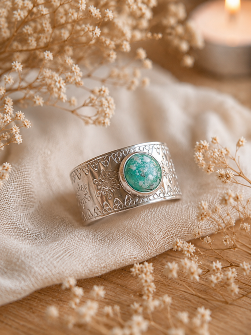 Bague Souvenir Chevalière Large Ciselée & Cabochon Rond argentée