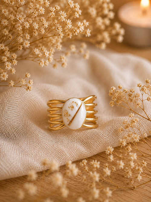 Bague Souvenir Cabochon Ovale Multi-Rangs & Feuilles d'Or