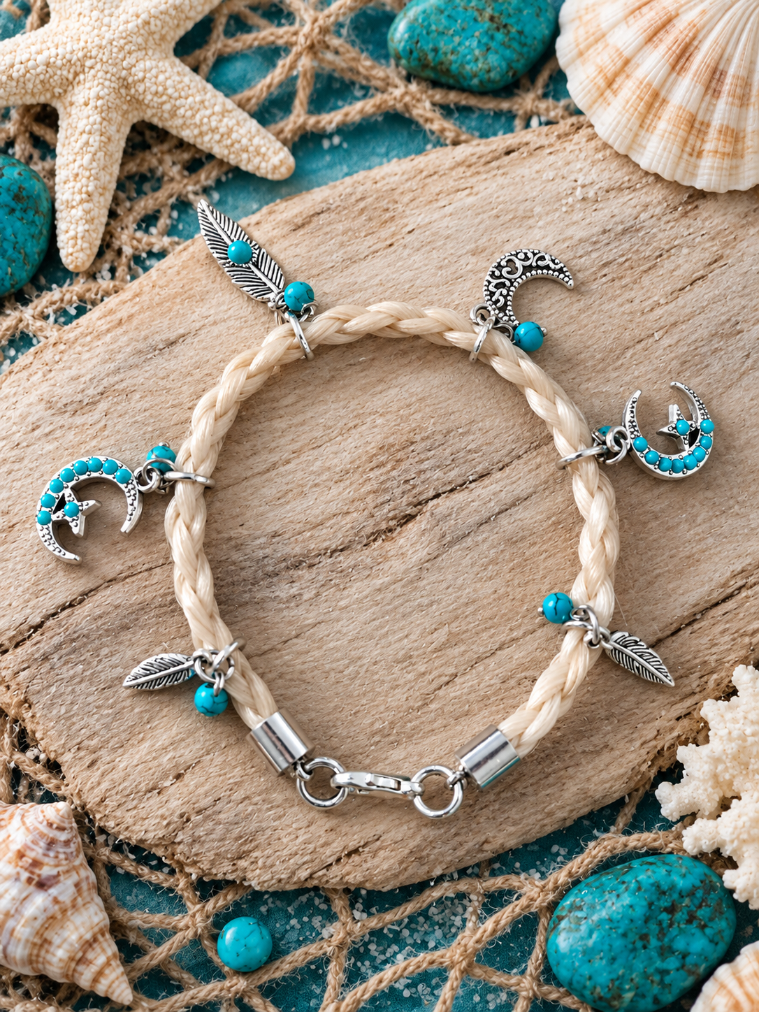 Bracelet Bohème Lune & Plumes en Crin de Cheval