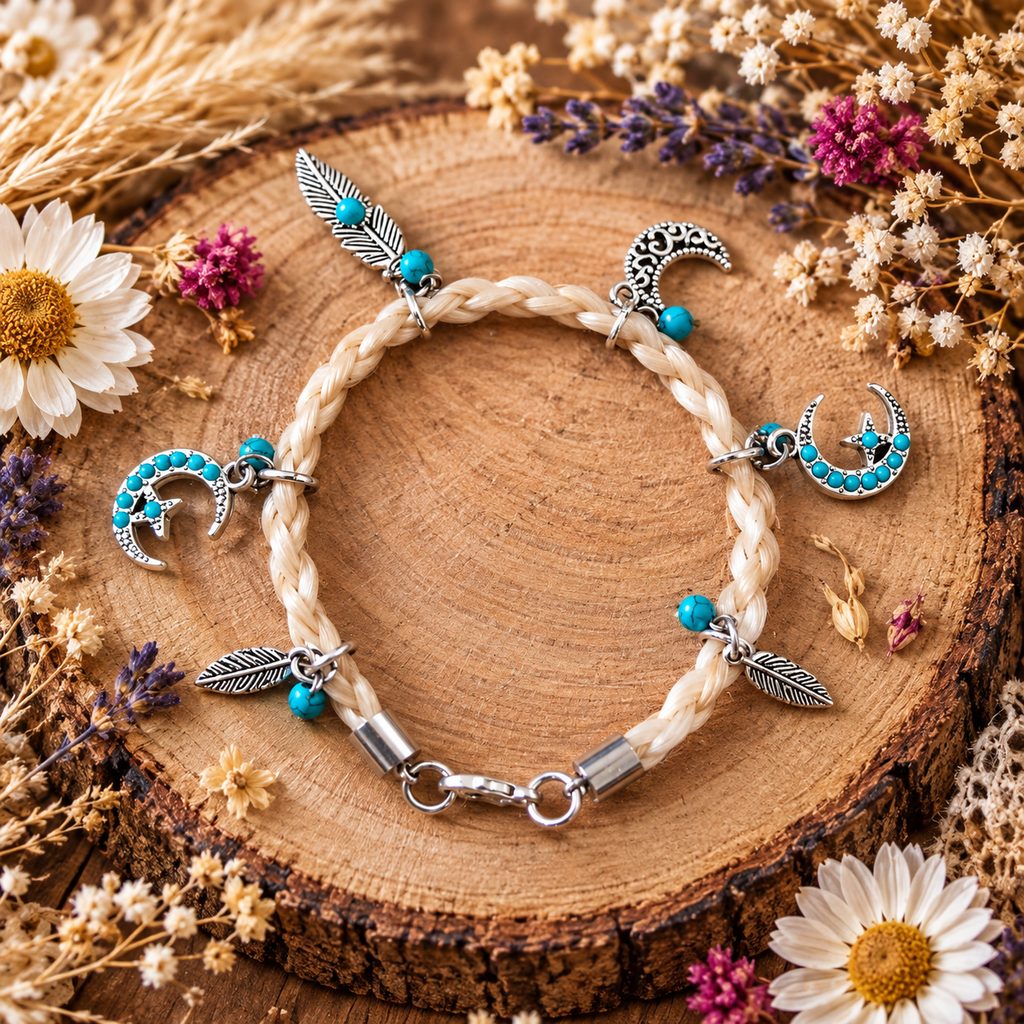 Bracelet Bohème Lune & Plumes en Crin de Cheval